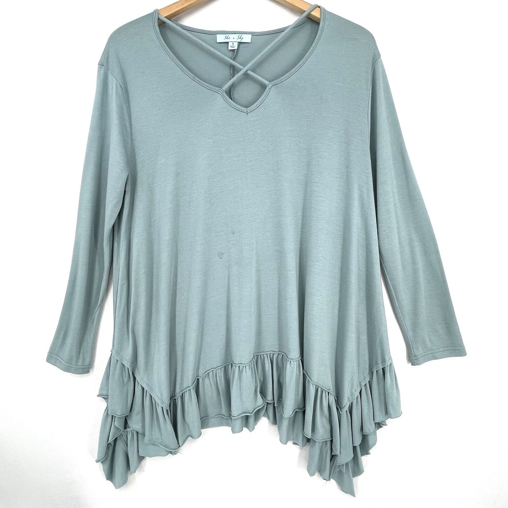 She + Sky Womens Shirt Size Small Blue Ruffle Detail Lightweight Soft‎ Tunic